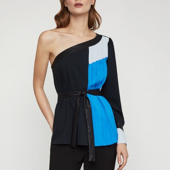 BCBGMAXAZAR One Shoulder Pleated Colorblock Top - Picture 2 of 8